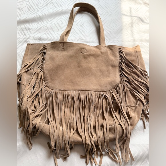 Chico’s Large Tan Suede Leather Boho Gypsy Hippie Fringe Handbag Tote Purse - Picture 2 of 8